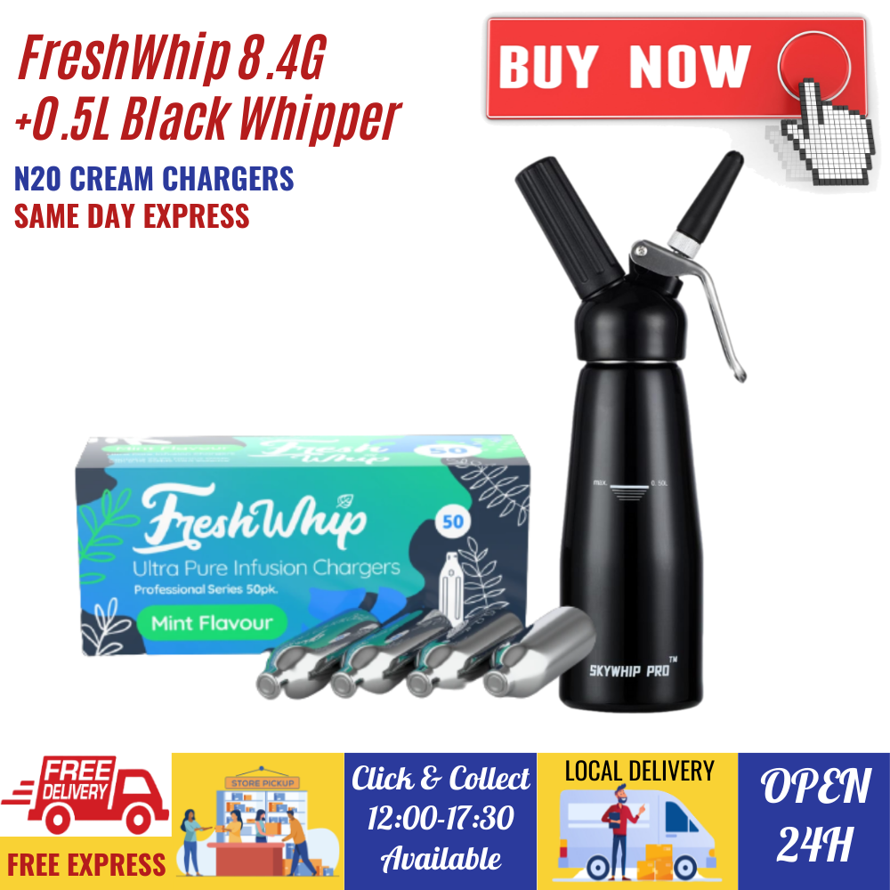 Value Combo - Freshwhip Whipped Cream Chargers 8.2g N2O + 0.5L Whipper Black