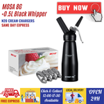 Value Combo -  Mosa Whipped Cream Chargers 8g N2O + 0.5L Whipper Black