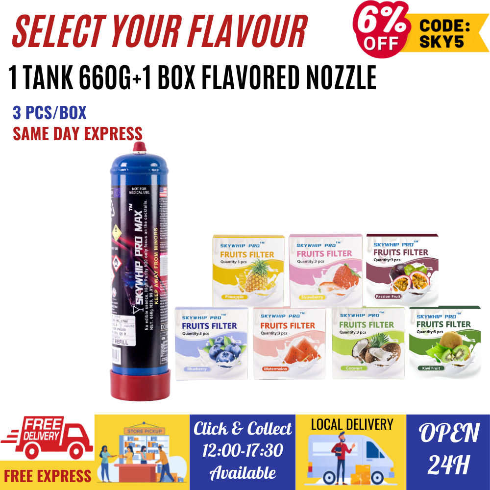 [SELECT YOUR FLAVOUR] 1 Pack Skywhip 660g Cream Chargers N2O + 1 Box Flavored Nozzle