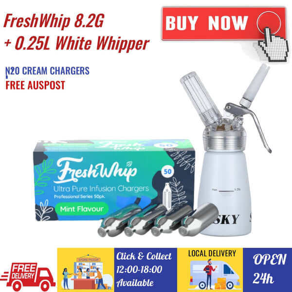 Value Combo - Freshwhip Whipped Cream Chargers 8.2g N2O + 0.25L Whipper  White