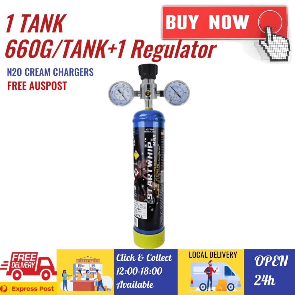 1 TANK Startwhip Max 660g N2O Cream Chargers + Regulator